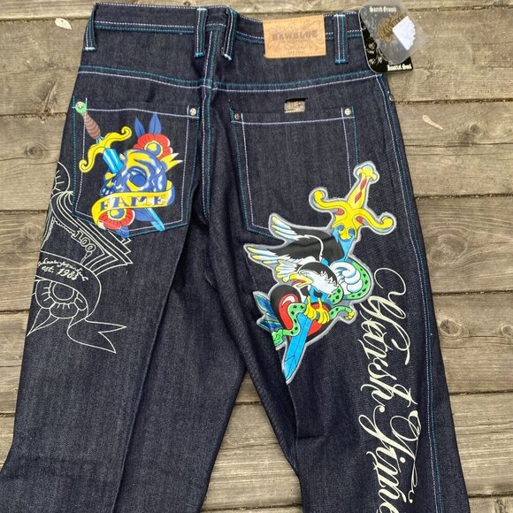 Vintage Y2K Embroidered Raw Blue Vindication Jeans Size 32 Blue BNW - Picture 4 of 7
